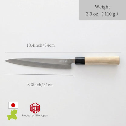 Left-Handed Sashimi Knife 8.3" White Steel #2 Blade Japanese Yanagiba Knife | Magnolia Wood Handle Hand-Forged in Seki