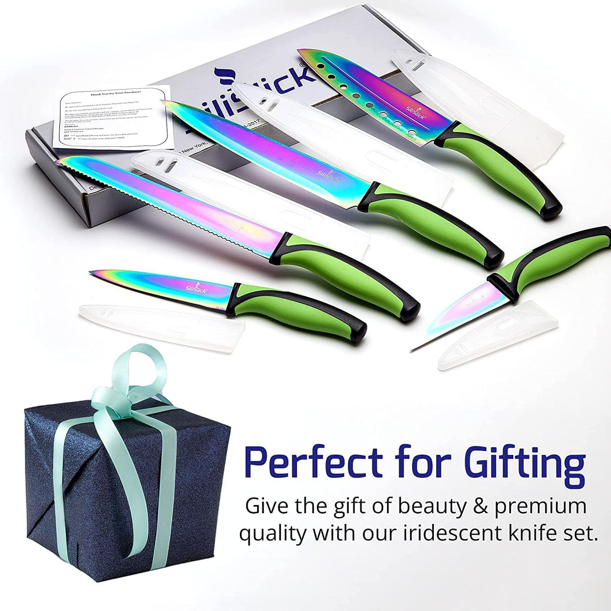 Kitchen Knife Set, Rainbow Titanium Coated Blades, High Carbon Stainless Steel, Chef, Santoku, Bread, Utility and Pairing Knives, Ergonomic Better Grip Handles