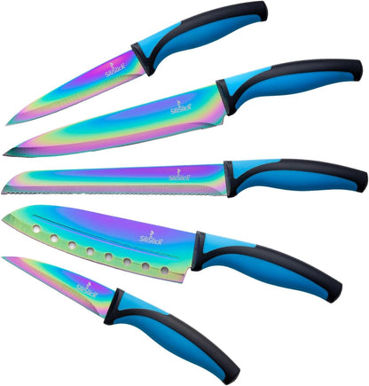 Kitchen Knife Set, Rainbow Titanium Coated Blades, High Carbon Stainless Steel, Chef, Santoku, Bread, Utility and Pairing Knives, Ergonomic Better Grip Handles