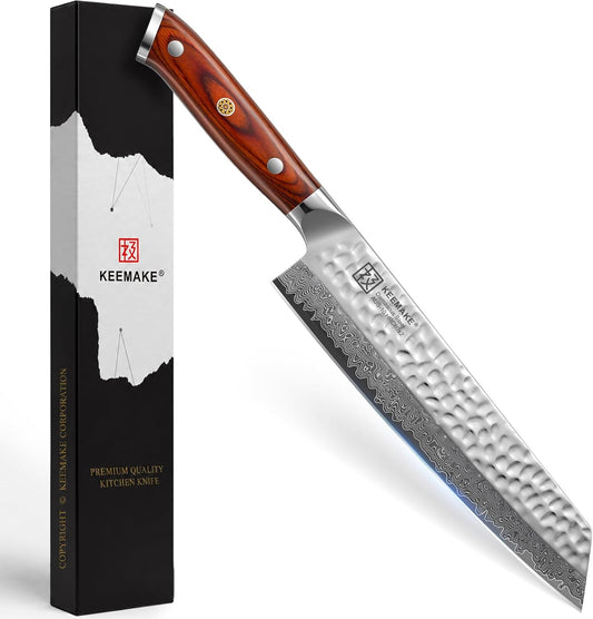 8" Damascus Chef Knife, Ultra Sharp 10° Edge Japanese VG10 Kiritsuke Kitchen Knife with Ash Sheath, 67 Layers Hand Forged Hammered Cooking Knife for Meat, Vegetable & Fruit, Camping & BBQ Gift