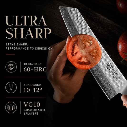 8" Damascus Chef Knife, Ultra Sharp 10° Edge Japanese VG10 Kiritsuke Kitchen Knife with Ash Sheath, 67 Layers Hand Forged Hammered Cooking Knife for Meat, Vegetable & Fruit, Camping & BBQ Gift