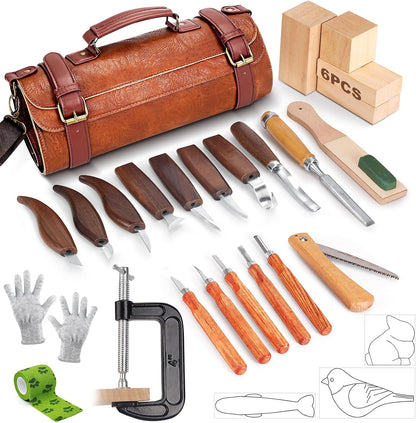 Wood Carving Tools, 27Pcs Wood Carving Kit with Leather Storage Bag,14Pcs Whittling Knives,Folding Saw ,Bench Vise,Leather Strop Biock and 6pcs wood Block,Whittling kit for Beginners and Enthusiasts