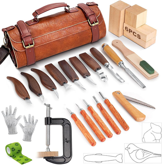 Wood Carving Tools, 27Pcs Wood Carving Kit with Leather Storage Bag,14Pcs Whittling Knives,Folding Saw ,Bench Vise,Leather Strop Biock and 6pcs wood Block,Whittling kit for Beginners and Enthusiasts