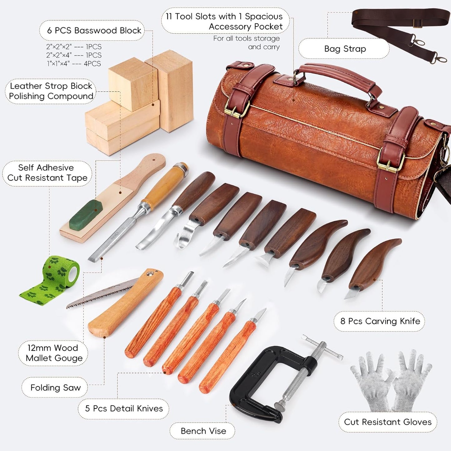Wood Carving Tools, 27Pcs Wood Carving Kit with Leather Storage Bag,14Pcs Whittling Knives,Folding Saw ,Bench Vise,Leather Strop Biock and 6pcs wood Block,Whittling kit for Beginners and Enthusiasts