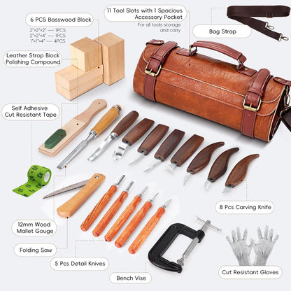 Wood Carving Tools, 27Pcs Wood Carving Kit with Leather Storage Bag,14Pcs Whittling Knives,Folding Saw ,Bench Vise,Leather Strop Biock and 6pcs wood Block,Whittling kit for Beginners and Enthusiasts
