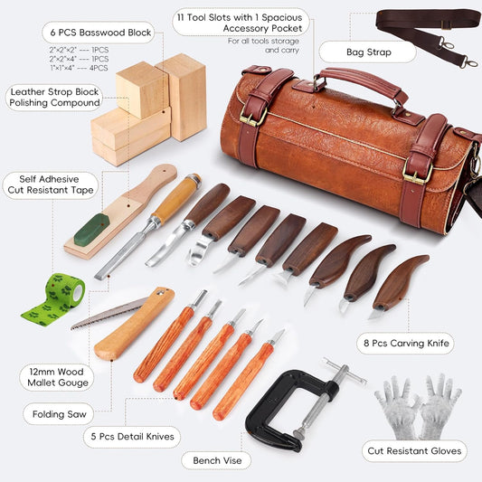 Wood Carving Tools, 27Pcs Wood Carving Kit with Leather Storage Bag,14Pcs Whittling Knives,Folding Saw ,Bench Vise,Leather Strop Biock and 6pcs wood Block,Whittling kit for Beginners and Enthusiasts