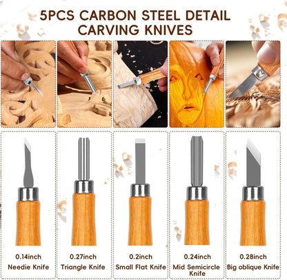 Wood Carving Tools, 27Pcs Wood Carving Kit with Leather Storage Bag,14Pcs Whittling Knives,Folding Saw ,Bench Vise,Leather Strop Biock and 6pcs wood Block,Whittling kit for Beginners and Enthusiasts
