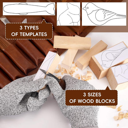 Wood Carving Tools, 27Pcs Wood Carving Kit with Leather Storage Bag,14Pcs Whittling Knives,Folding Saw ,Bench Vise,Leather Strop Biock and 6pcs wood Block,Whittling kit for Beginners and Enthusiasts