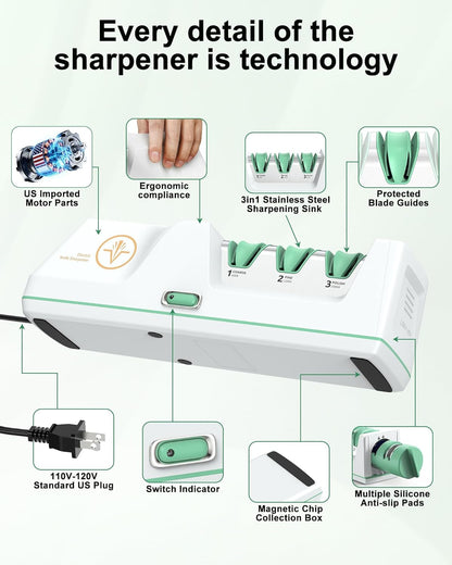 Electric Knife Sharpener with Replaceable Sharpening Head | 3-Stage Sharpening, 15° Precision Angle, Diamond Sharpening System, Metal & Ceramic Knives, Exquisite Gifts & Packaging