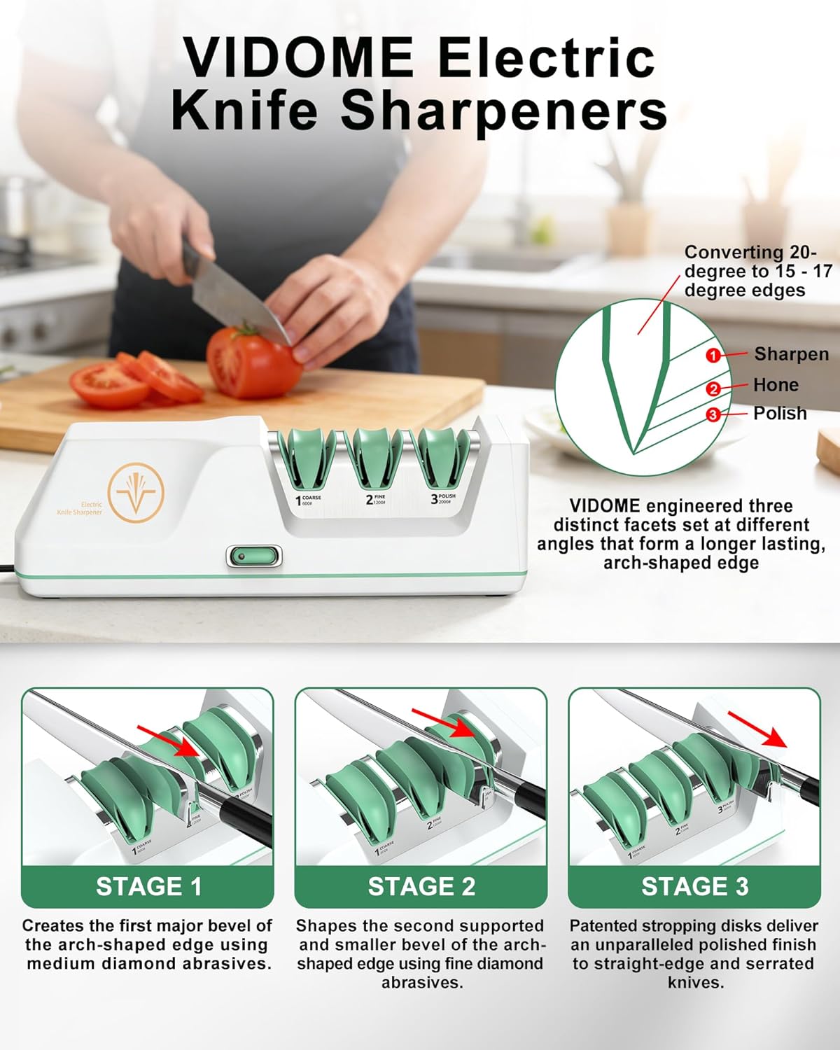 Electric Knife Sharpener with Replaceable Sharpening Head | 3-Stage Sharpening, 15° Precision Angle, Diamond Sharpening System, Metal & Ceramic Knives, Exquisite Gifts & Packaging