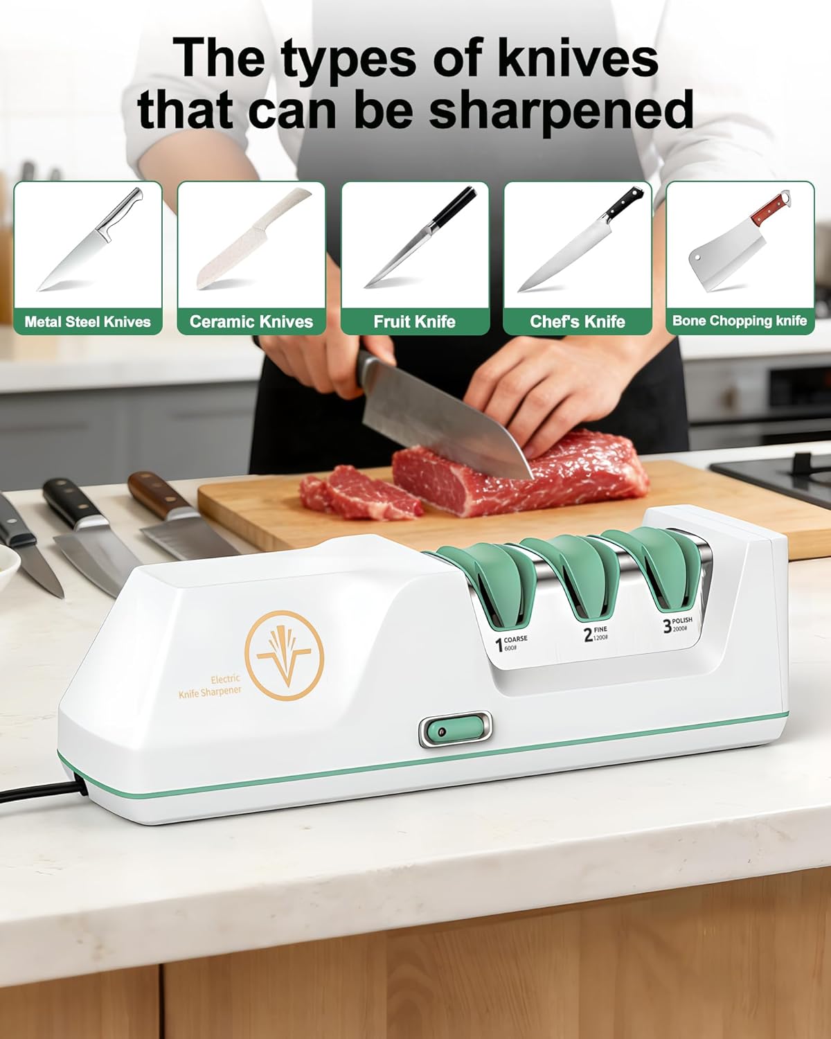 Electric Knife Sharpener with Replaceable Sharpening Head | 3-Stage Sharpening, 15° Precision Angle, Diamond Sharpening System, Metal & Ceramic Knives, Exquisite Gifts & Packaging