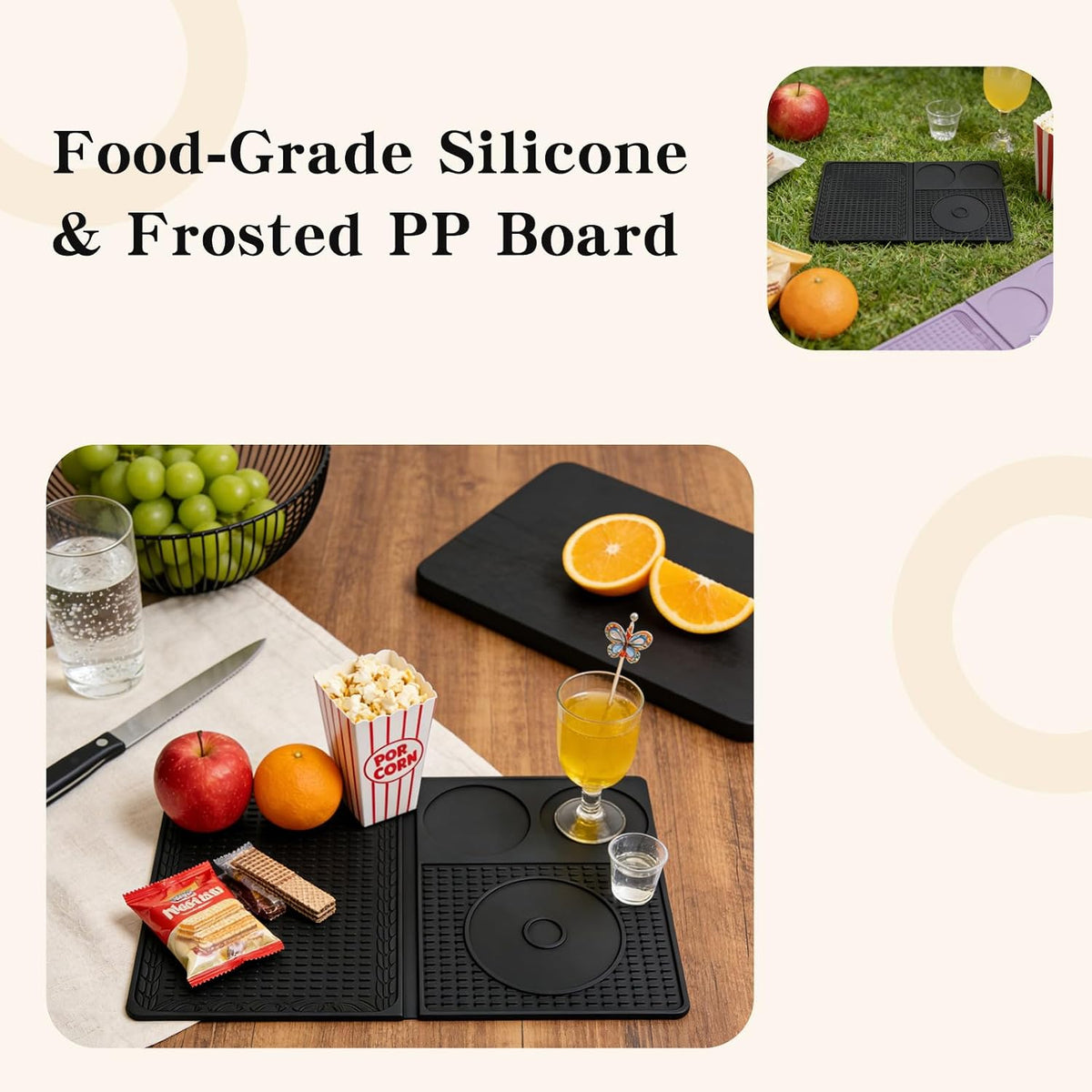4-in-1 Bar Mat With Cutting Board, Foldable Silicone Bar Mats For Countertop, 18.1" x 11.8" x 0.2" For Bartending, Home Bar, Cutting Board, Travel, Outdoor Picnic (Black)