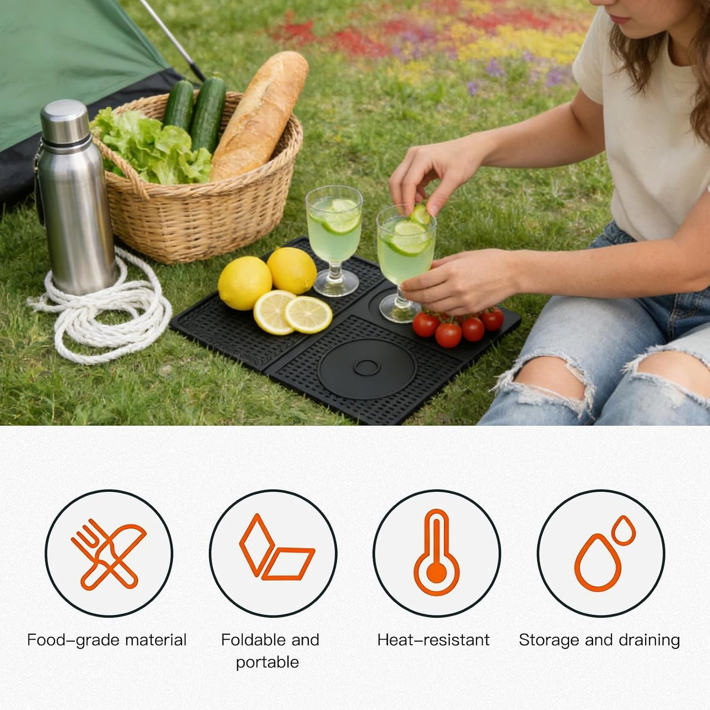 4-in-1 Bar Mat With Cutting Board, Foldable Silicone Bar Mats For Countertop, 18.1" x 11.8" x 0.2" For Bartending, Home Bar, Cutting Board, Travel, Outdoor Picnic (Black)