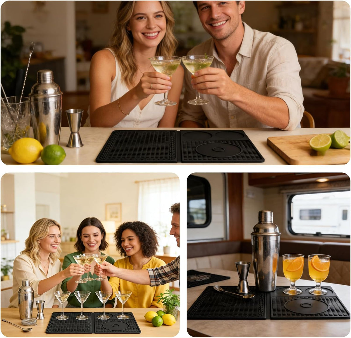 4-in-1 Bar Mat With Cutting Board, Foldable Silicone Bar Mats For Countertop, 18.1" x 11.8" x 0.2" For Bartending, Home Bar, Cutting Board, Travel, Outdoor Picnic (Black)