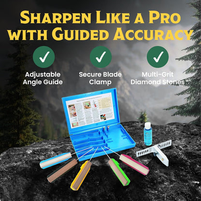 GATCO Edgemate Professional Knife Sharpening Kit – 5-Stone Guided Sharpener System for Kitchen, Hunting & Pocket Knives | Precision Angle Clamp, Honing Oil & Case | Manual Sharpening Set for Field Use
