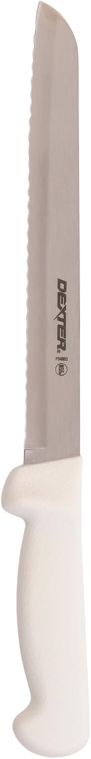 P94803 Basics 31603 Bread Knife, 8" Scalloped High Carbon DEXSTEEL Blade, Textured White Polypropylene Slip-Resistant Handle, NSF, Serrated Bakery and Sandwich Knife