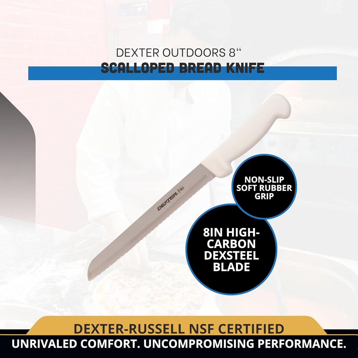 P94803 Basics 31603 Bread Knife, 8" Scalloped High Carbon DEXSTEEL Blade, Textured White Polypropylene Slip-Resistant Handle, NSF, Serrated Bakery and Sandwich Knife