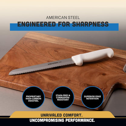 P94803 Basics 31603 Bread Knife, 8" Scalloped High Carbon DEXSTEEL Blade, Textured White Polypropylene Slip-Resistant Handle, NSF, Serrated Bakery and Sandwich Knife