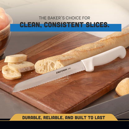 P94803 Basics 31603 Bread Knife, 8" Scalloped High Carbon DEXSTEEL Blade, Textured White Polypropylene Slip-Resistant Handle, NSF, Serrated Bakery and Sandwich Knife