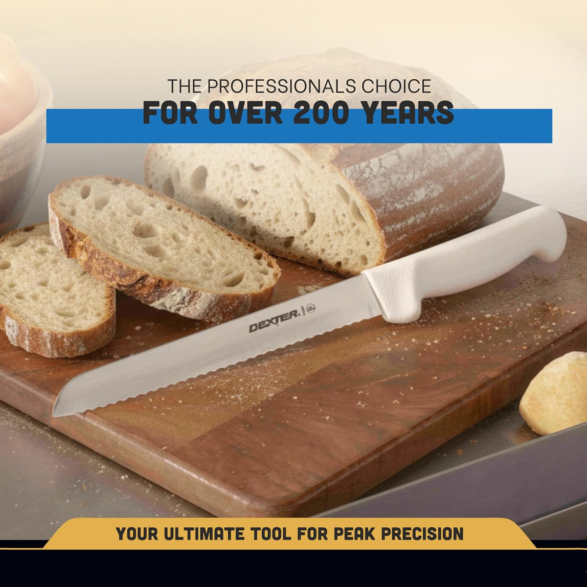 P94803 Basics 31603 Bread Knife, 8" Scalloped High Carbon DEXSTEEL Blade, Textured White Polypropylene Slip-Resistant Handle, NSF, Serrated Bakery and Sandwich Knife