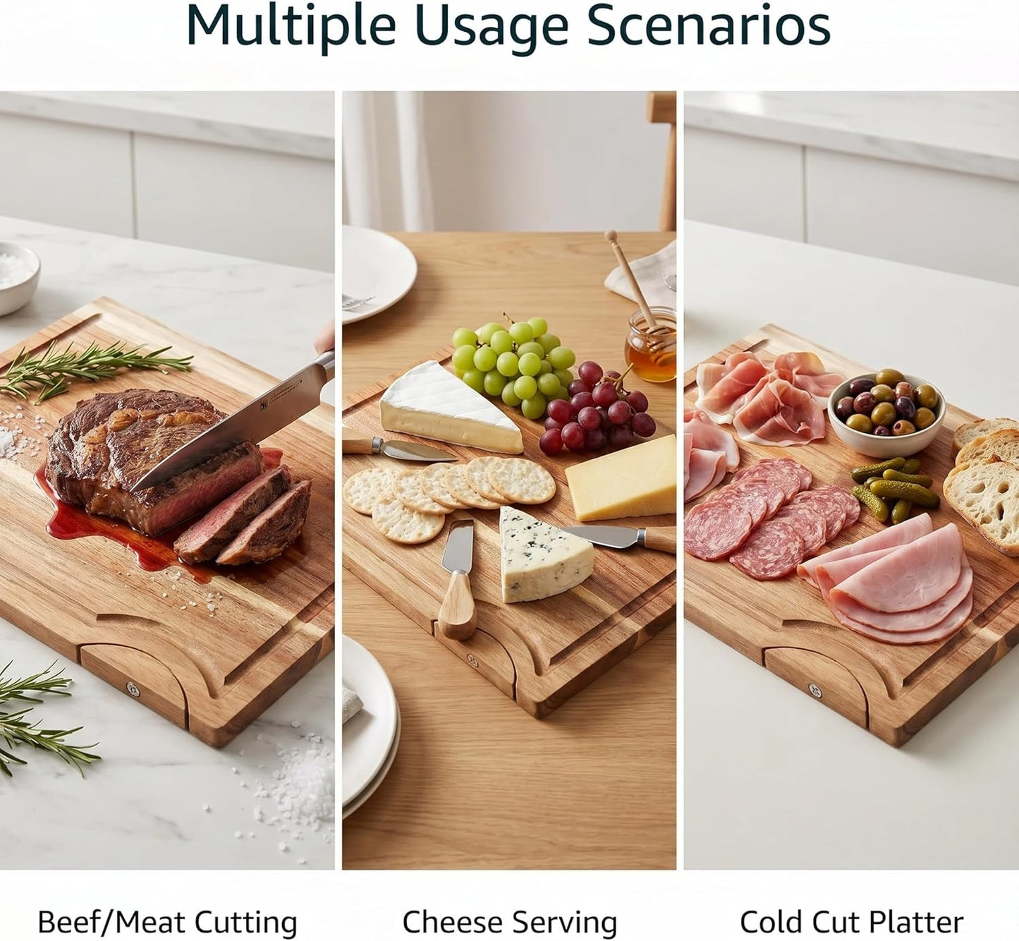 Acacia Wood Cutting Board, 15"L x 10.23"W | For Kitchen with Bracket, Premium Wooden Chopping Board, Deep Juice Groove for Meat, Cheese, Vegetables, Heavy Duty