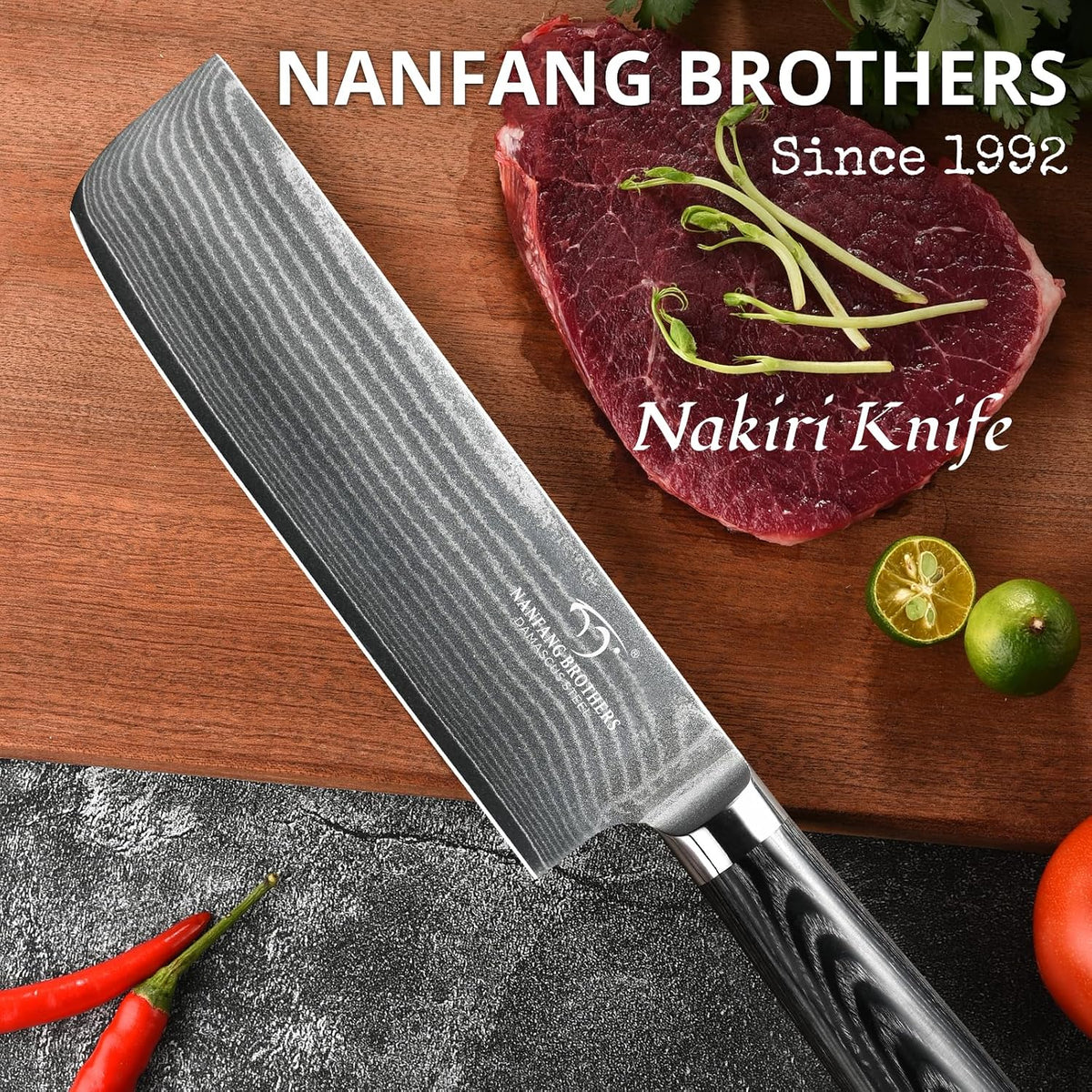Damascus Nakiri Knife, 7 Inch Professional Kitchen Knife with Non-slip Wood Ergonomic Handle, Japanese 10Cr15CoMoV, All Purpose Chef Knife Meat Cleaver Vegetables Chopping