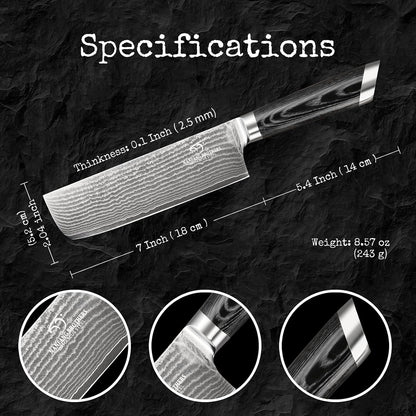 Damascus Nakiri Knife, 7 Inch Professional Kitchen Knife with Non-slip Wood Ergonomic Handle, Japanese 10Cr15CoMoV, All Purpose Chef Knife Meat Cleaver Vegetables Chopping