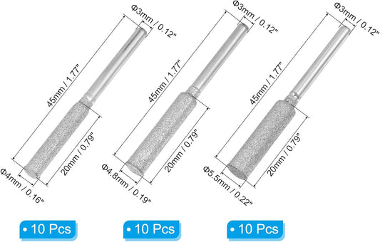 30 Pcs Diamond Chainsaw Sharpener 3 Sizes High Hardness Sharpening Stone Polishing Chainsaw Sharpening Kit Grinding File Tool, Silver(5/32", 3/16", 7/32")