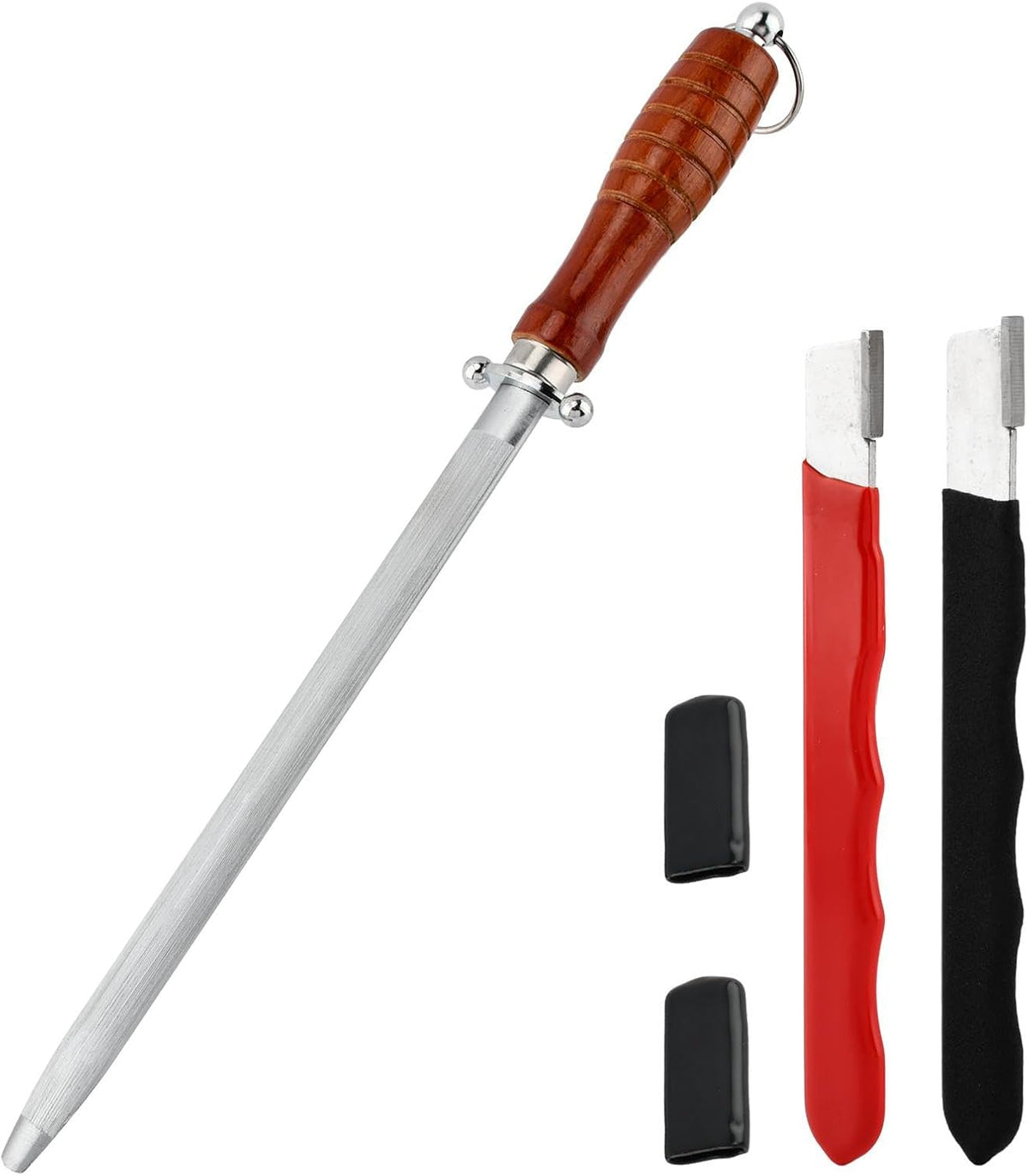 Professional Knife Sharpener Steel Rod Set, 10 inch Honing Rod with Non-slip Wooden Handle and 2 Handheld Garden Tool Sharpener for Kitchen Knife Daily Sharpening Maintenance(COLOR:Multicolor)