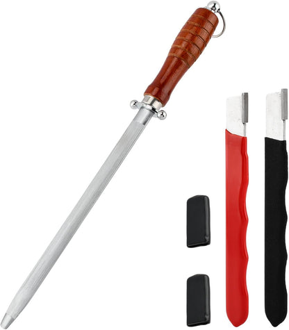 Professional Knife Sharpener Steel Rod Set, 10 inch Honing Rod with Non-slip Wooden Handle and 2 Handheld Garden Tool Sharpener for Kitchen Knife Daily Sharpening Maintenance(COLOR:Multicolor)