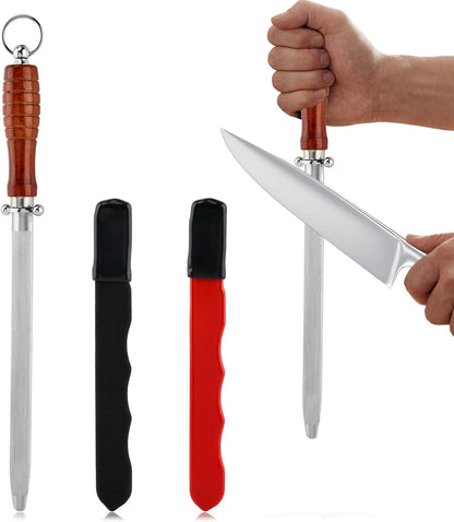 Professional Knife Sharpener Steel Rod Set, 10 inch Honing Rod with Non-slip Wooden Handle and 2 Handheld Garden Tool Sharpener for Kitchen Knife Daily Sharpening Maintenance(COLOR:Multicolor)