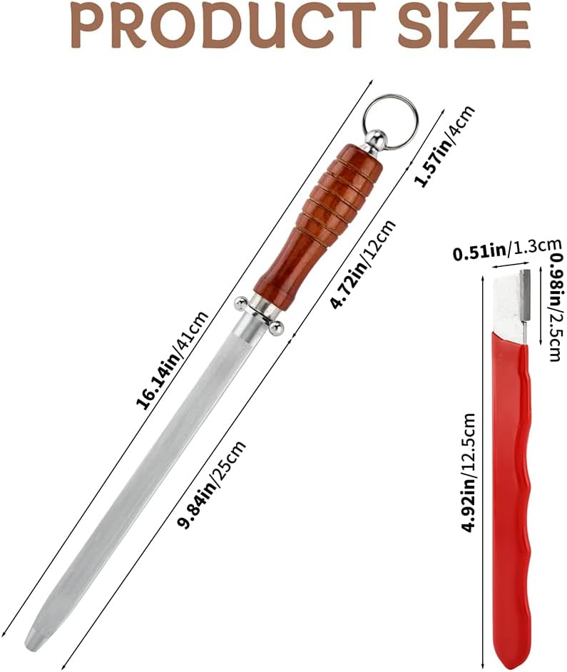 Professional Knife Sharpener Steel Rod Set, 10 inch Honing Rod with Non-slip Wooden Handle and 2 Handheld Garden Tool Sharpener for Kitchen Knife Daily Sharpening Maintenance(COLOR:Multicolor)