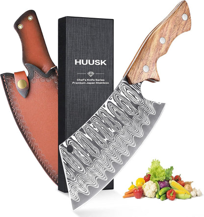 Huusk Meat Cleaver Knife with Sheath - Butcher Knives for Meat Cutting | Japanese Chef Knife with Damascus Pattern for Kitchen, Camping, BBQ, Ergonomic Full Tang Handle, Cool Gifts for Men