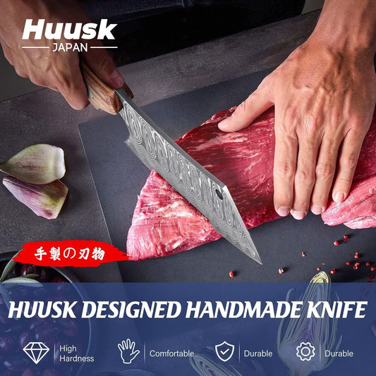 Huusk Meat Cleaver Knife with Sheath - Butcher Knives for Meat Cutting | Japanese Chef Knife with Damascus Pattern for Kitchen, Camping, BBQ, Ergonomic Full Tang Handle, Cool Gifts for Men