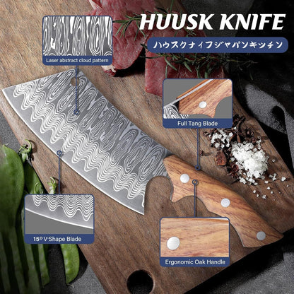 Huusk Meat Cleaver Knife with Sheath - Butcher Knives for Meat Cutting | Japanese Chef Knife with Damascus Pattern for Kitchen, Camping, BBQ, Ergonomic Full Tang Handle, Cool Gifts for Men
