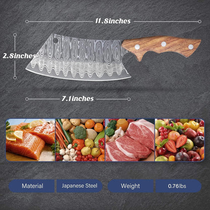 Huusk Meat Cleaver Knife with Sheath - Butcher Knives for Meat Cutting | Japanese Chef Knife with Damascus Pattern for Kitchen, Camping, BBQ, Ergonomic Full Tang Handle, Cool Gifts for Men