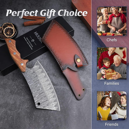 Huusk Meat Cleaver Knife with Sheath - Butcher Knives for Meat Cutting | Japanese Chef Knife with Damascus Pattern for Kitchen, Camping, BBQ, Ergonomic Full Tang Handle, Cool Gifts for Men