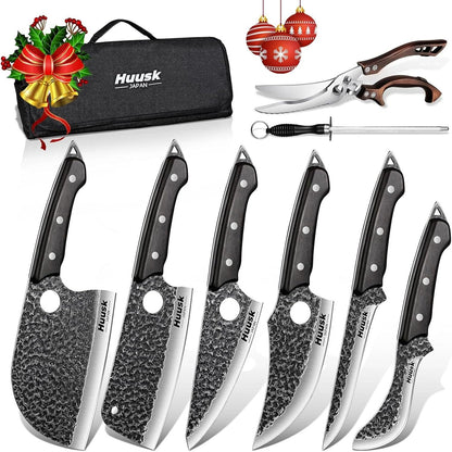 Huusk Meat Cleaver Knife with Sheath - Butcher Knives for Meat Cutting | Japanese Chef Knife with Damascus Pattern for Kitchen, Camping, BBQ, Ergonomic Full Tang Handle, Cool Gifts for Men