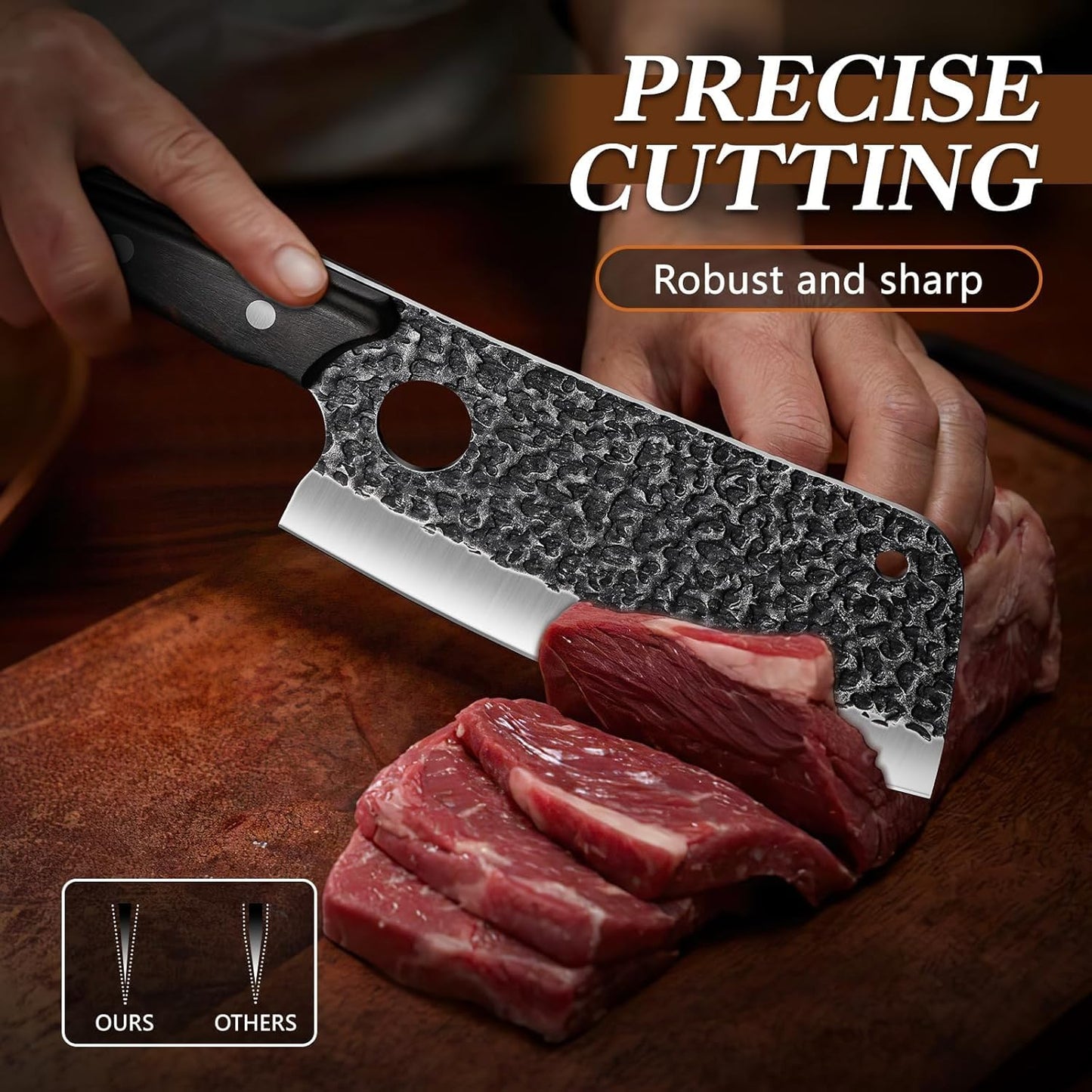 Huusk Meat Cleaver Knife with Sheath - Butcher Knives for Meat Cutting | Japanese Chef Knife with Damascus Pattern for Kitchen, Camping, BBQ, Ergonomic Full Tang Handle, Cool Gifts for Men