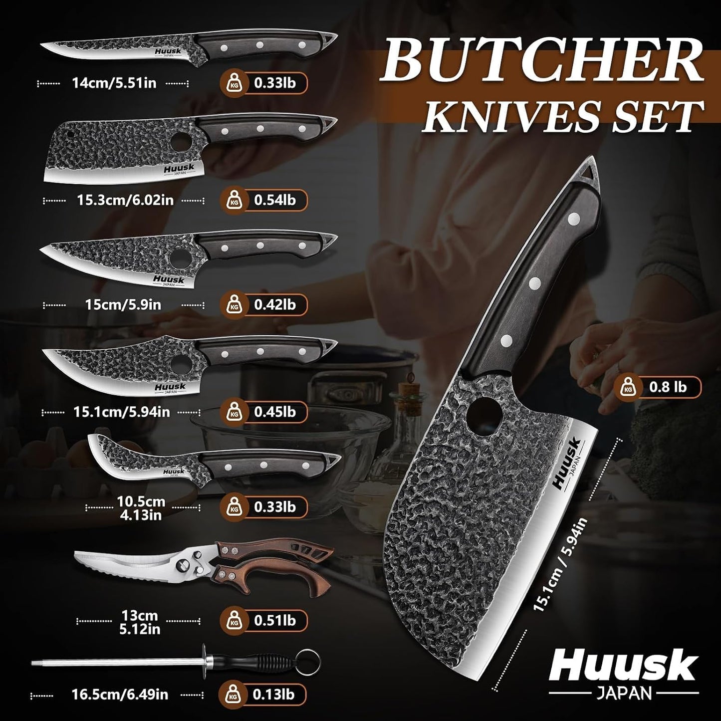 Huusk Meat Cleaver Knife with Sheath - Butcher Knives for Meat Cutting | Japanese Chef Knife with Damascus Pattern for Kitchen, Camping, BBQ, Ergonomic Full Tang Handle, Cool Gifts for Men