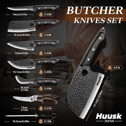 Huusk Meat Cleaver Knife with Sheath - Butcher Knives for Meat Cutting | Japanese Chef Knife with Damascus Pattern for Kitchen, Camping, BBQ, Ergonomic Full Tang Handle, Cool Gifts for Men