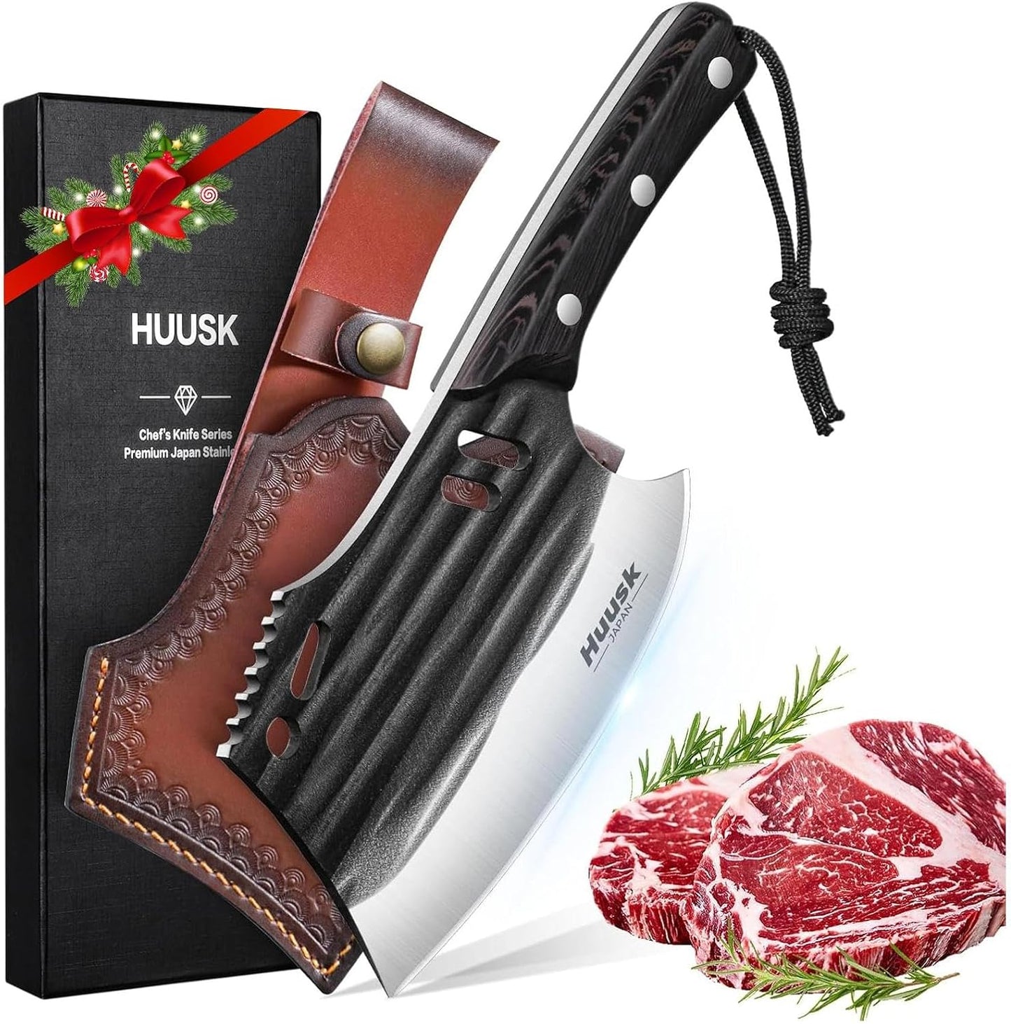 Huusk Meat Cleaver Knife with Sheath - Butcher Knives for Meat Cutting | Japanese Chef Knife with Damascus Pattern for Kitchen, Camping, BBQ, Ergonomic Full Tang Handle, Cool Gifts for Men