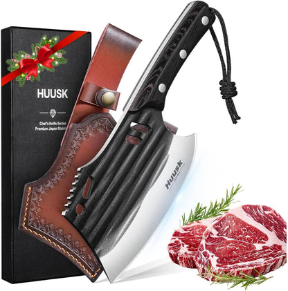 Huusk Meat Cleaver Knife with Sheath - Butcher Knives for Meat Cutting | Japanese Chef Knife with Damascus Pattern for Kitchen, Camping, BBQ, Ergonomic Full Tang Handle, Cool Gifts for Men