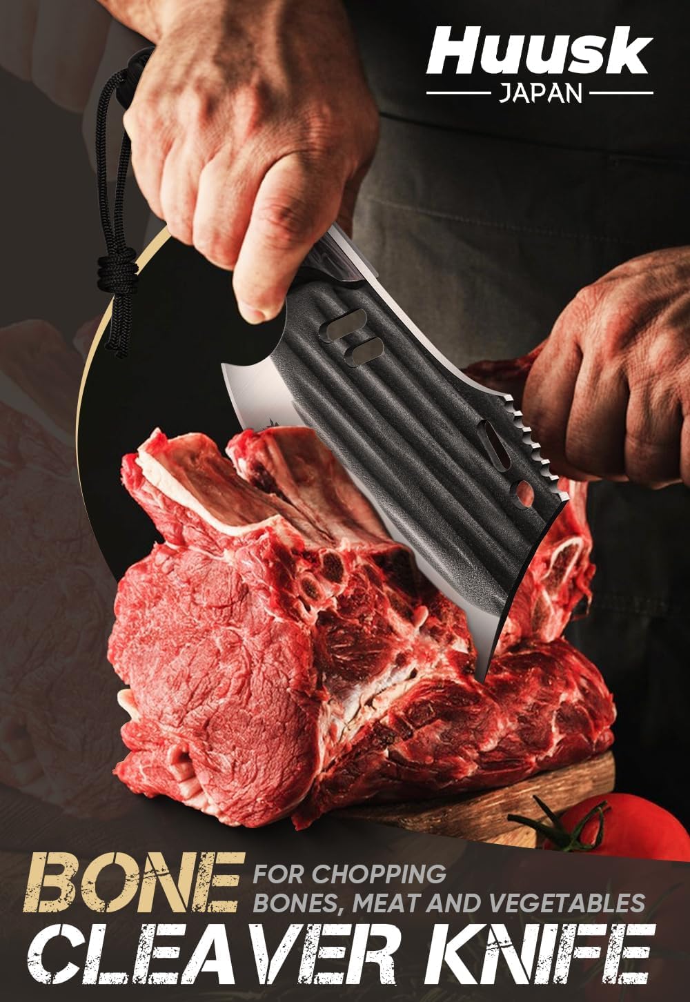 Huusk Meat Cleaver Knife with Sheath - Butcher Knives for Meat Cutting | Japanese Chef Knife with Damascus Pattern for Kitchen, Camping, BBQ, Ergonomic Full Tang Handle, Cool Gifts for Men