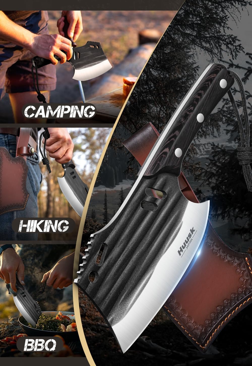 Huusk Meat Cleaver Knife with Sheath - Butcher Knives for Meat Cutting | Japanese Chef Knife with Damascus Pattern for Kitchen, Camping, BBQ, Ergonomic Full Tang Handle, Cool Gifts for Men