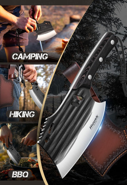 Huusk Meat Cleaver Knife with Sheath - Butcher Knives for Meat Cutting | Japanese Chef Knife with Damascus Pattern for Kitchen, Camping, BBQ, Ergonomic Full Tang Handle, Cool Gifts for Men