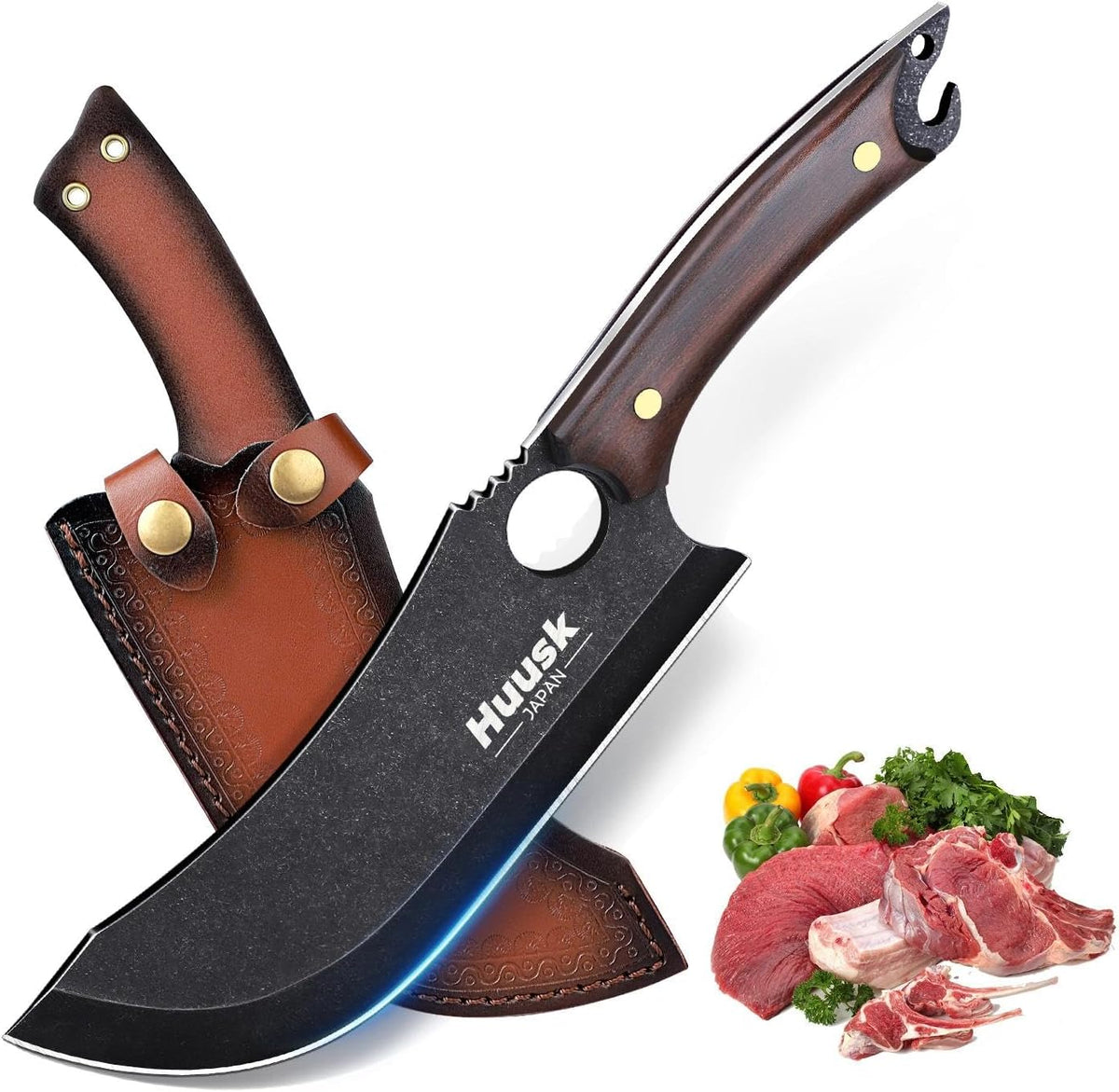 Huusk Meat Cleaver Knife with Sheath - Butcher Knives for Meat Cutting | Japanese Chef Knife with Damascus Pattern for Kitchen, Camping, BBQ, Ergonomic Full Tang Handle, Cool Gifts for Men