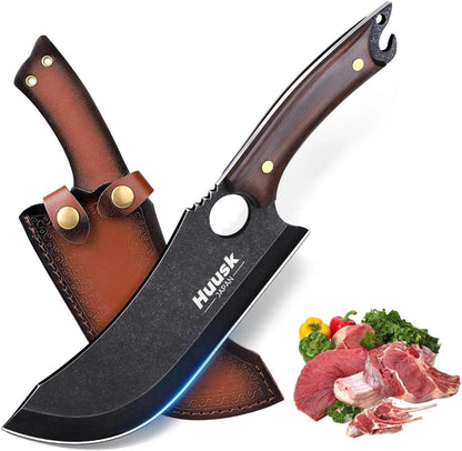 Huusk Meat Cleaver Knife with Sheath - Butcher Knives for Meat Cutting | Japanese Chef Knife with Damascus Pattern for Kitchen, Camping, BBQ, Ergonomic Full Tang Handle, Cool Gifts for Men