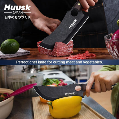 Huusk Meat Cleaver Knife with Sheath - Butcher Knives for Meat Cutting | Japanese Chef Knife with Damascus Pattern for Kitchen, Camping, BBQ, Ergonomic Full Tang Handle, Cool Gifts for Men