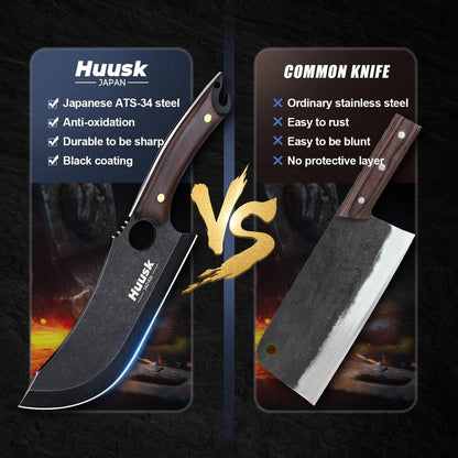Huusk Meat Cleaver Knife with Sheath - Butcher Knives for Meat Cutting | Japanese Chef Knife with Damascus Pattern for Kitchen, Camping, BBQ, Ergonomic Full Tang Handle, Cool Gifts for Men